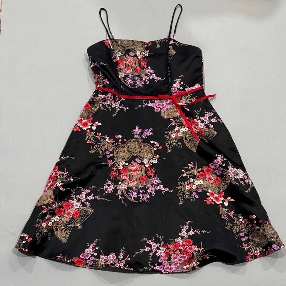 CDC Black Floral Dress with Red Accents